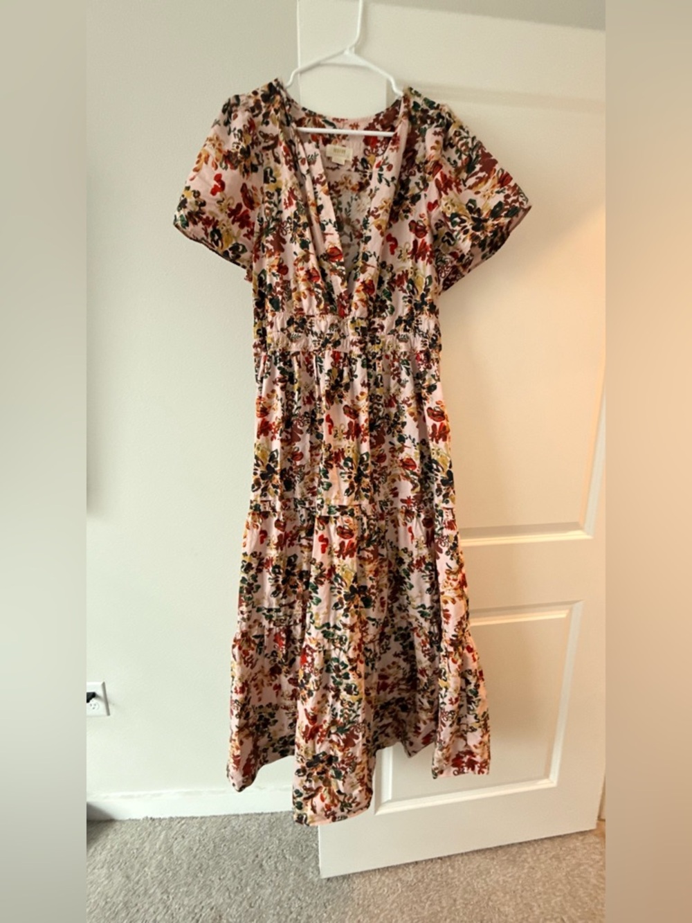 Anthropologie Blush Pink Floral Tiered V-Neck Maxi Dress